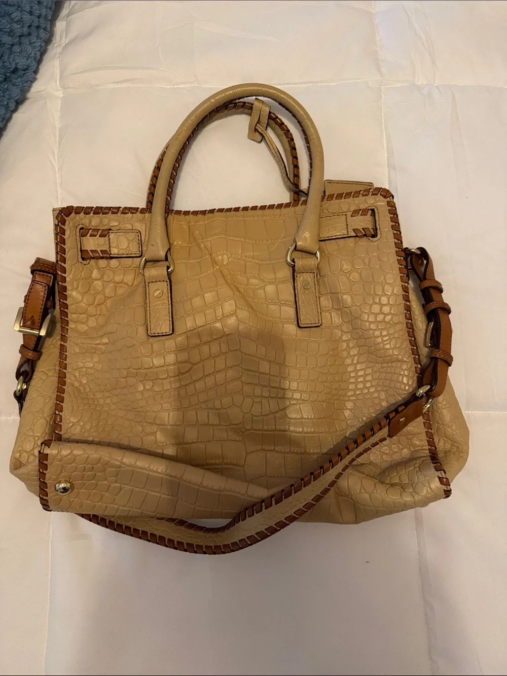 Michael Kors Tan Croc-Embossed Satchel with Woven Trim